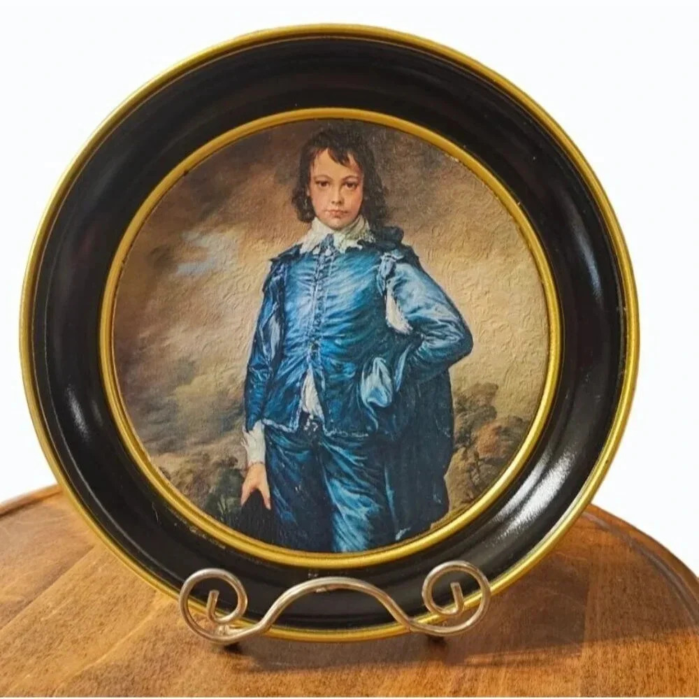 Vtg Fabcraft 1970's Blue Boy Metal Round Tray or Wall Hanging STAND NOT INCLUDED